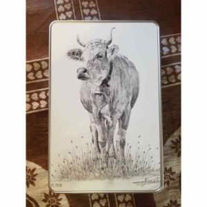 Boîte vache à corne | Atelier Montagn'Art | dessin au crayon graphite | Claudine Rime