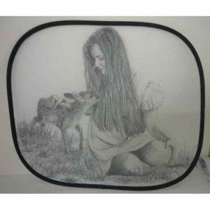 pare soleil câlin avec bambi | Atelier Montagn'Art | dessin au crayon graphite | Claudine Rime