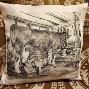 Coussin traite d'une vache - Atelier Montagn'Art - dessin au crayon graphite - Claudine Rime