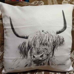 Coussin vache highland - Atelier Montagn'Art - dessin au crayon graphite - Claudine Rime